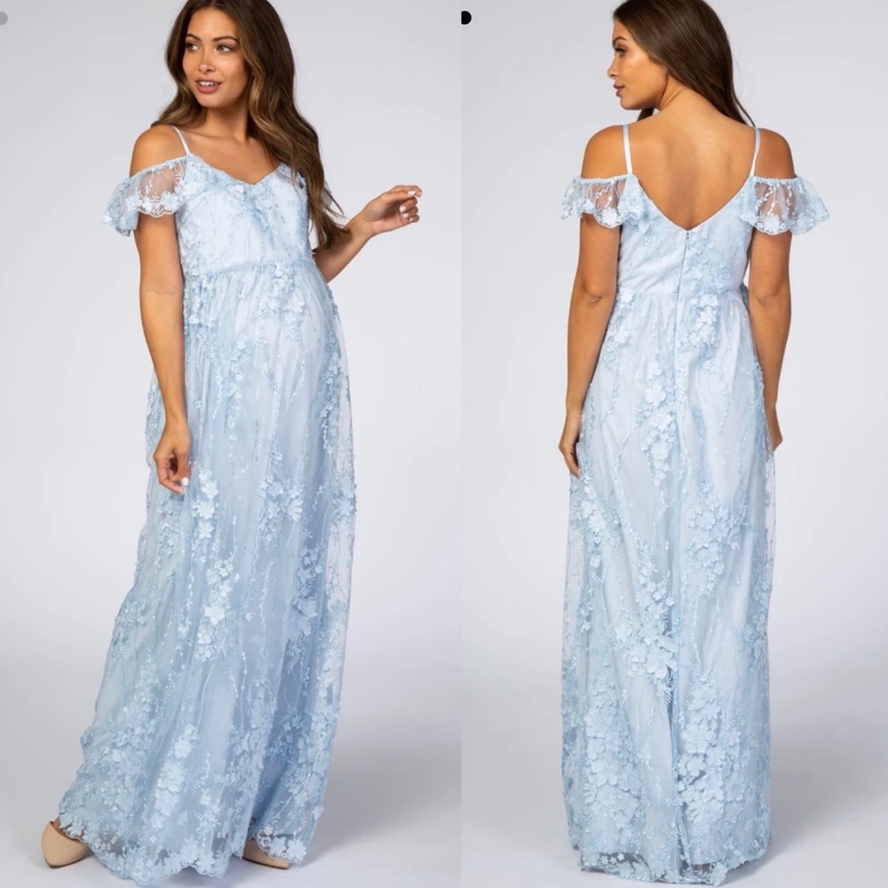 Pinkblush Light Blue Floral Embroidered Mesh Maternity Evening Gown Dress